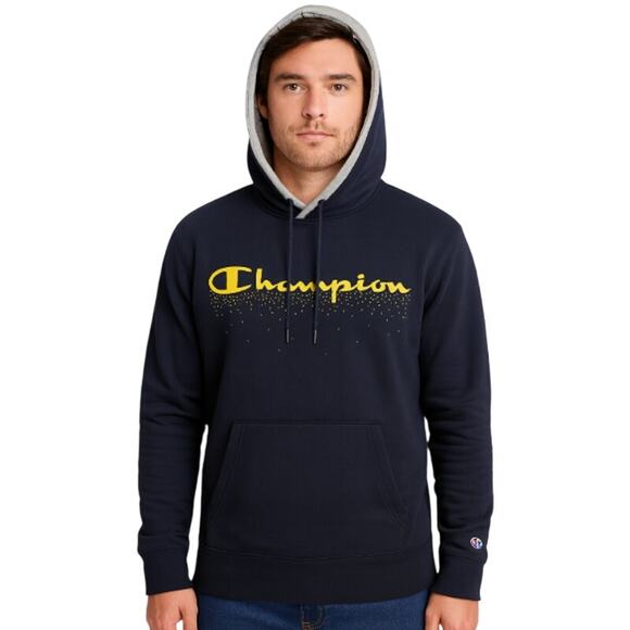 Navy Champion Hoodie Center Logo Pixilated in Navy & Yellow EUC Size 2XL - Picture 1 of 4